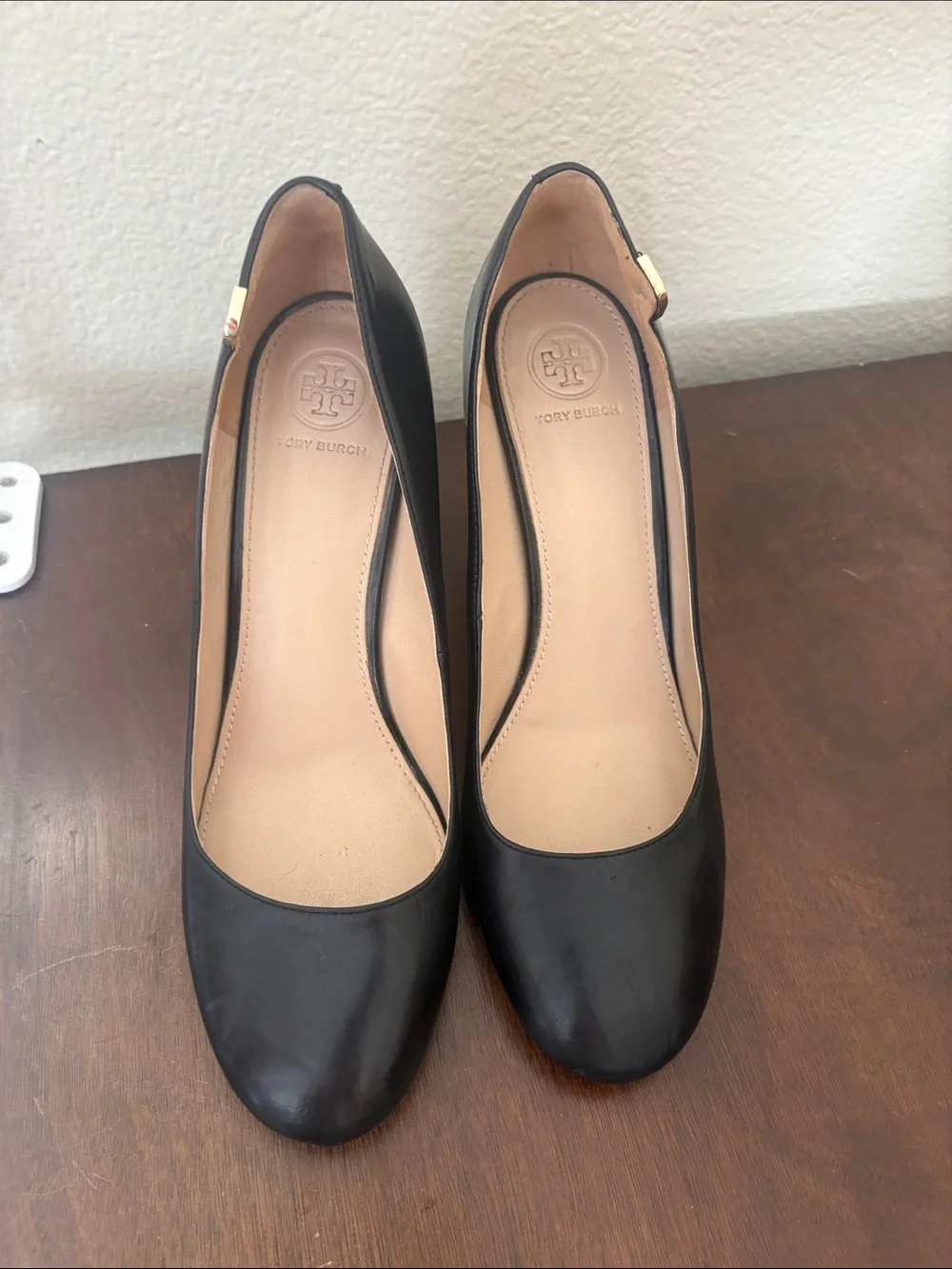Tory Burch Black Leather Round-Toe Heels with Gold Accent